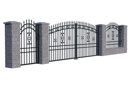 Ogrodzenie Alicja 2, złożenie - słupki betonowe, furtka lewa, brama dwuskrzydłowa, przęsło