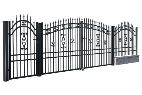 Ogrodzenie Alicja 2, złożenie - słupki stalowe, furtka lewa, brama dwuskrzydłowa, przęsło